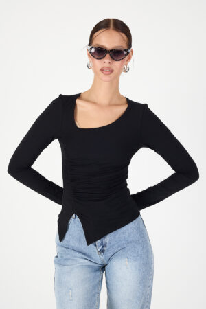 Asimetrik Yaka Bluz Kadın Sandy Kumaş Şık Model