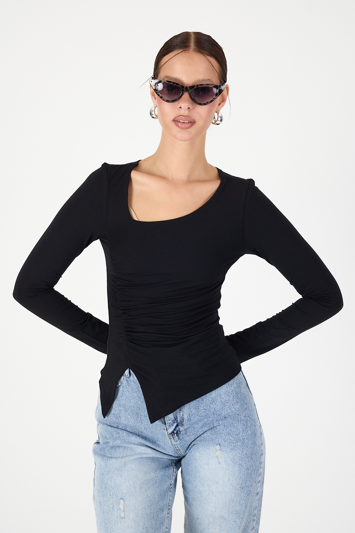 asimetrik yaka bluz kadin sandy