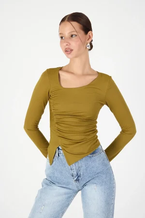 Asimetrik Yaka Bluz Kadın Polyester Kumaş