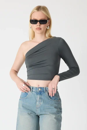 Tek Omuz Crop Bluz Kadın Pilili Şık Model